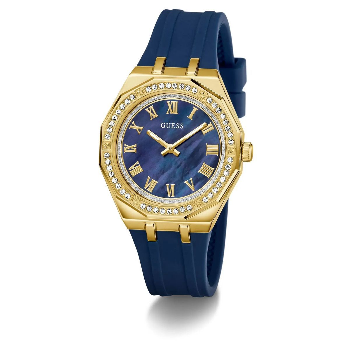 Blaue und goldene Uhr mit Kristallakzenten