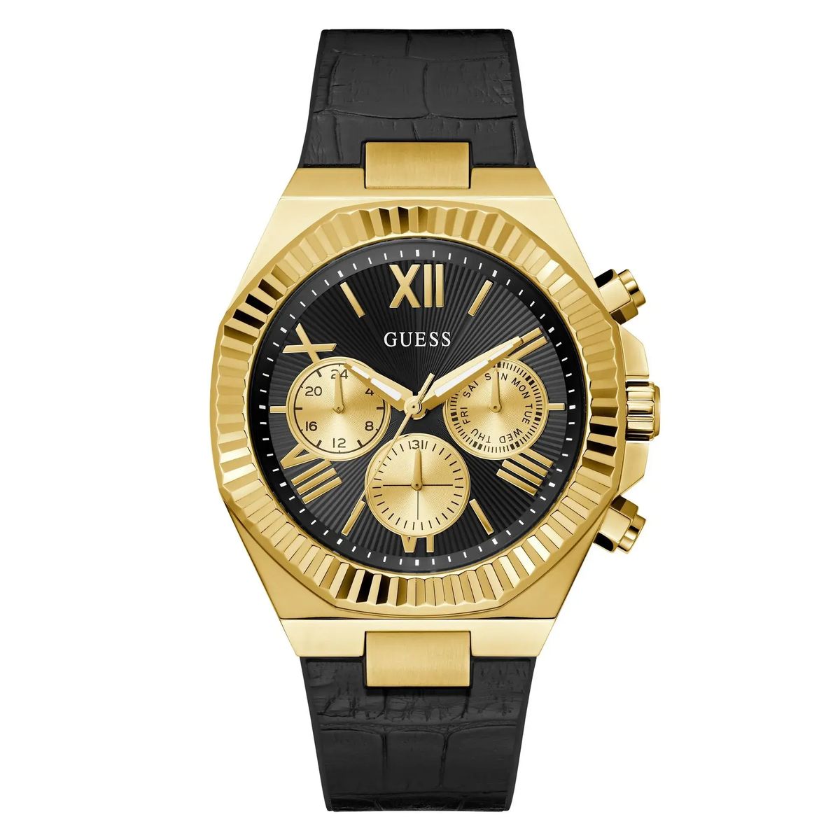 Goldfarbene Multifunktionsuhr mit schwarzem Armband