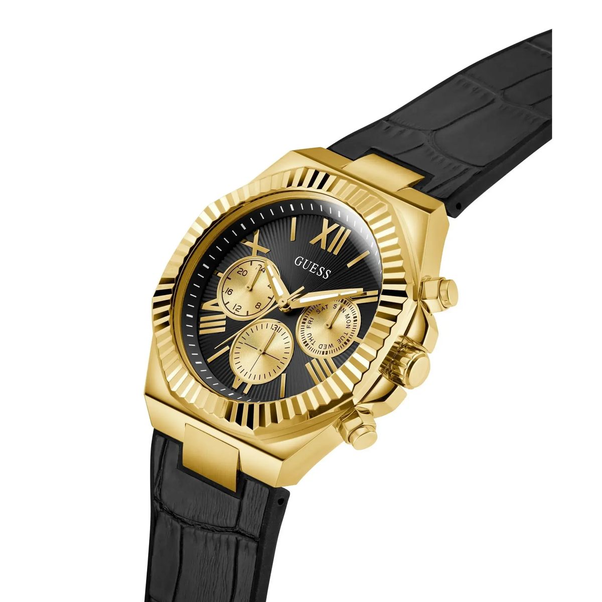 Goldfarbene Multifunktionsuhr mit schwarzem Armband