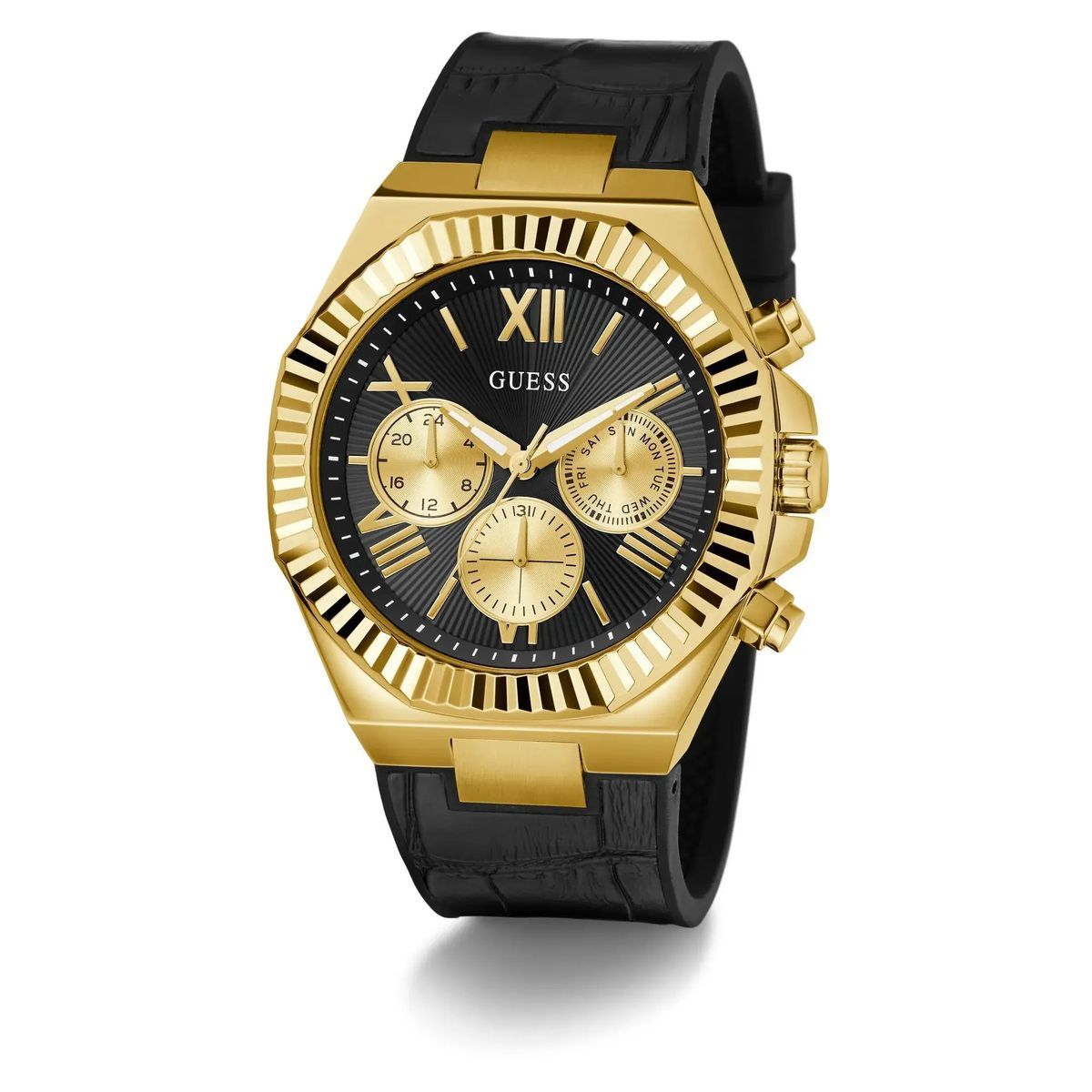 Goldfarbene Multifunktionsuhr mit schwarzem Armband