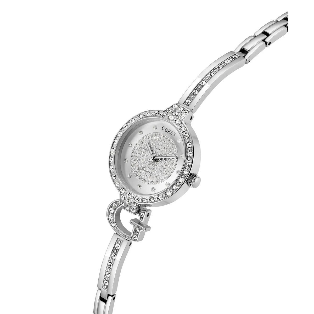 Silberfarbene Armreif-Uhr mit Kristallakzenten