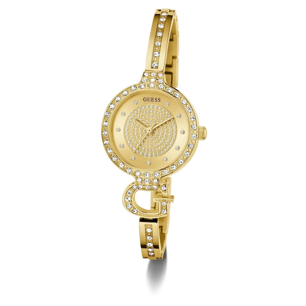 Kristallbesetzte goldfarbene Armbanduhr