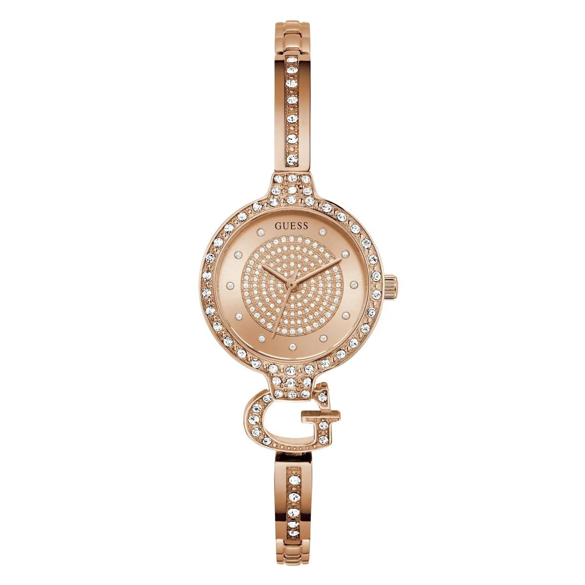 Roségoldene Armreif-Uhr mit Kristallakzenten