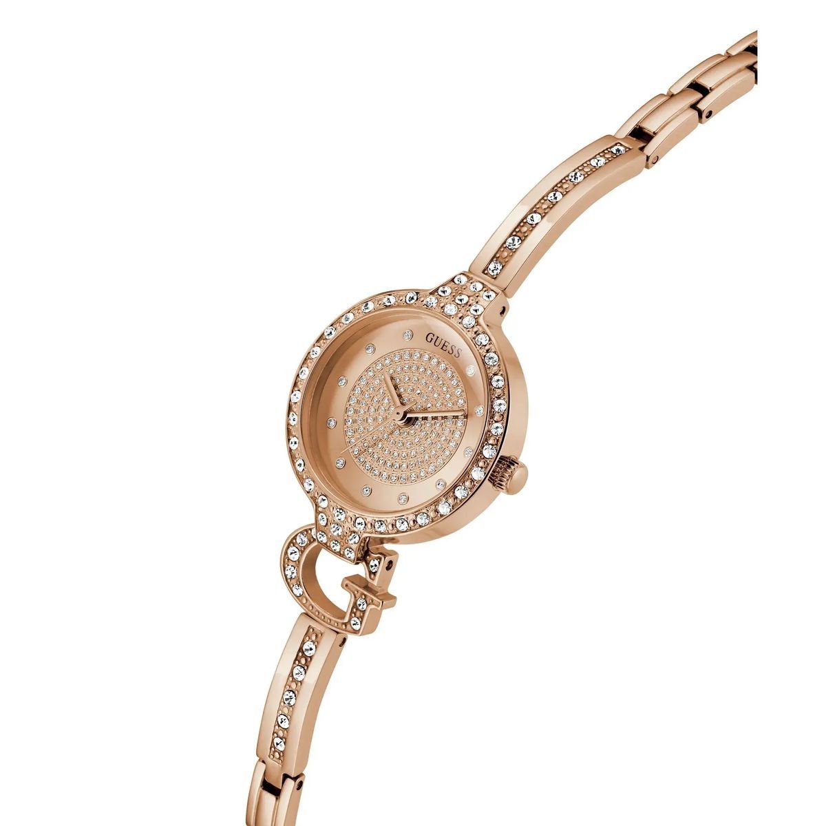 Roségoldene Armreif-Uhr mit Kristallakzenten