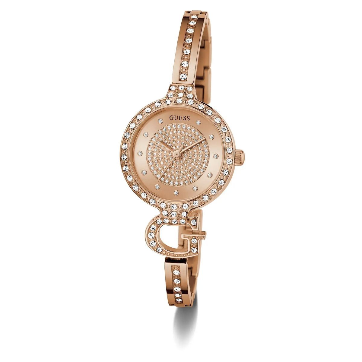 Roségoldene Armreif-Uhr mit Kristallakzenten