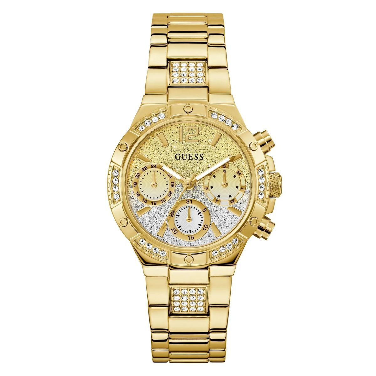 Goldfarbene Edelstahl-Uhr mit Kristallakzenten