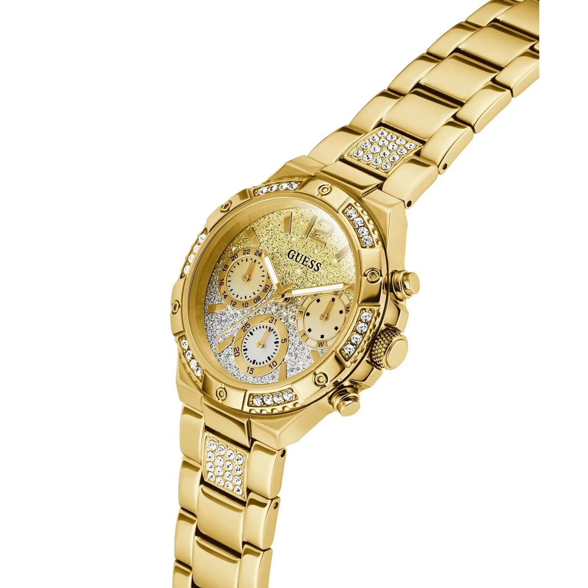 Goldfarbene Edelstahl-Uhr mit Kristallakzenten