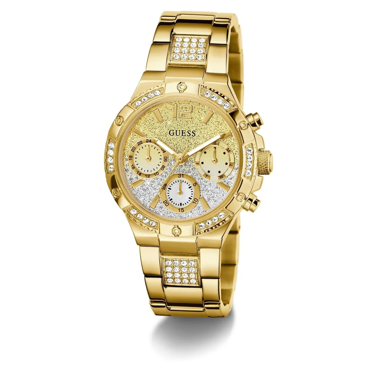 Goldfarbene Edelstahl-Uhr mit Kristallakzenten