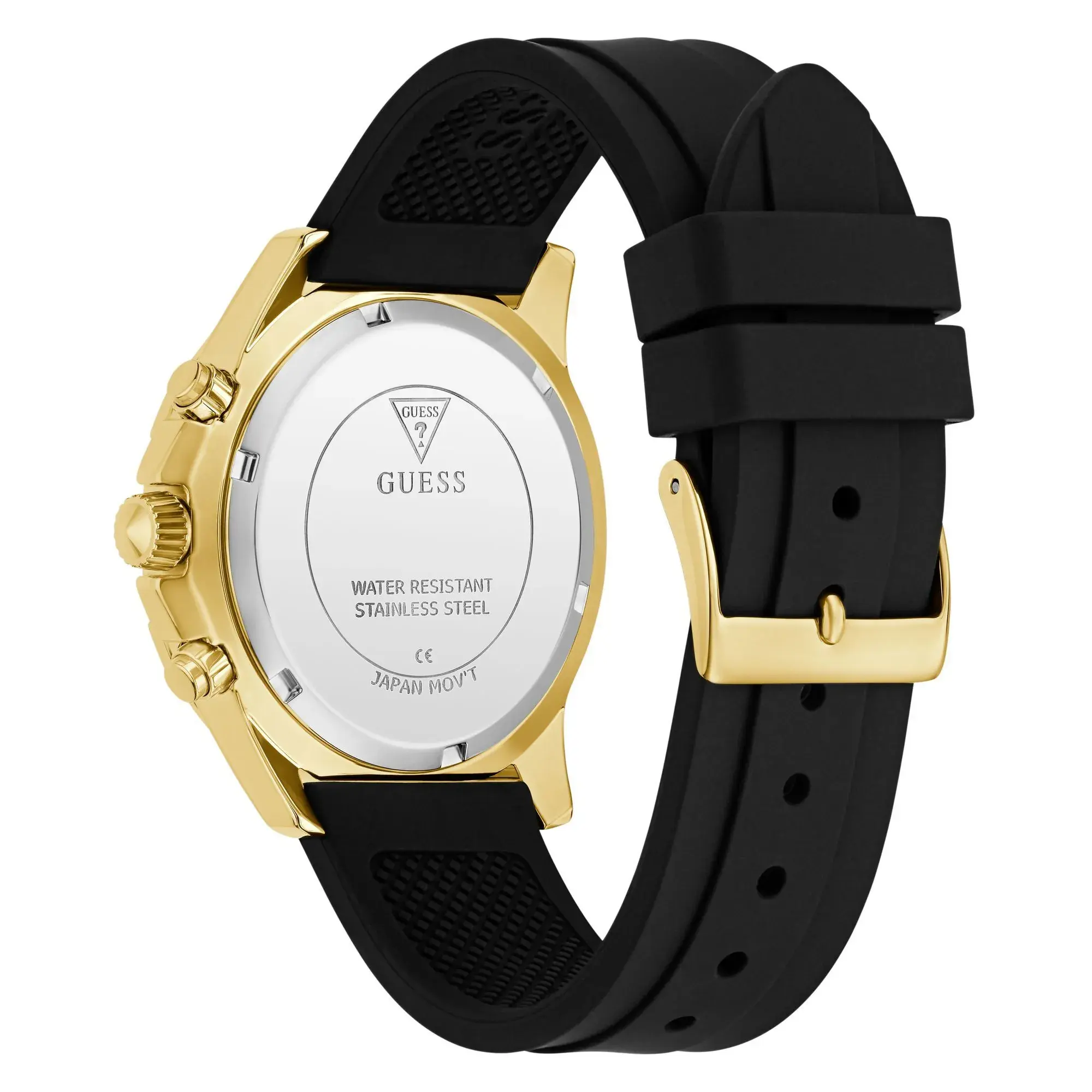 Funkelnde goldene Chronographenuhr mit schwarzem Armband