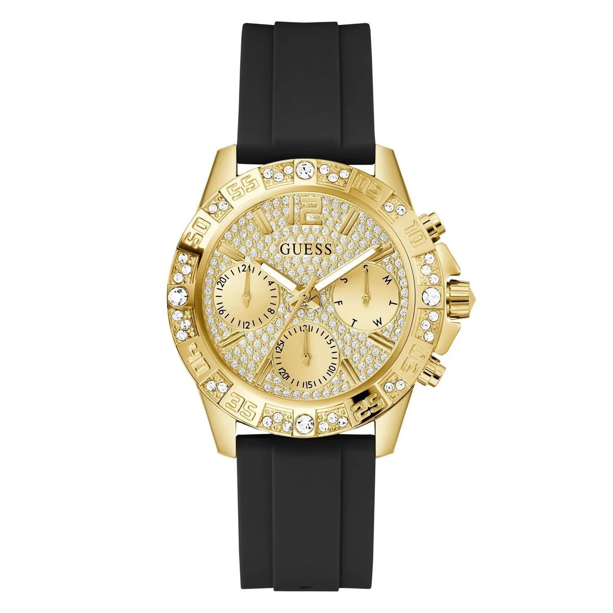 Funkelnde goldene Chronographenuhr mit schwarzem Armband
