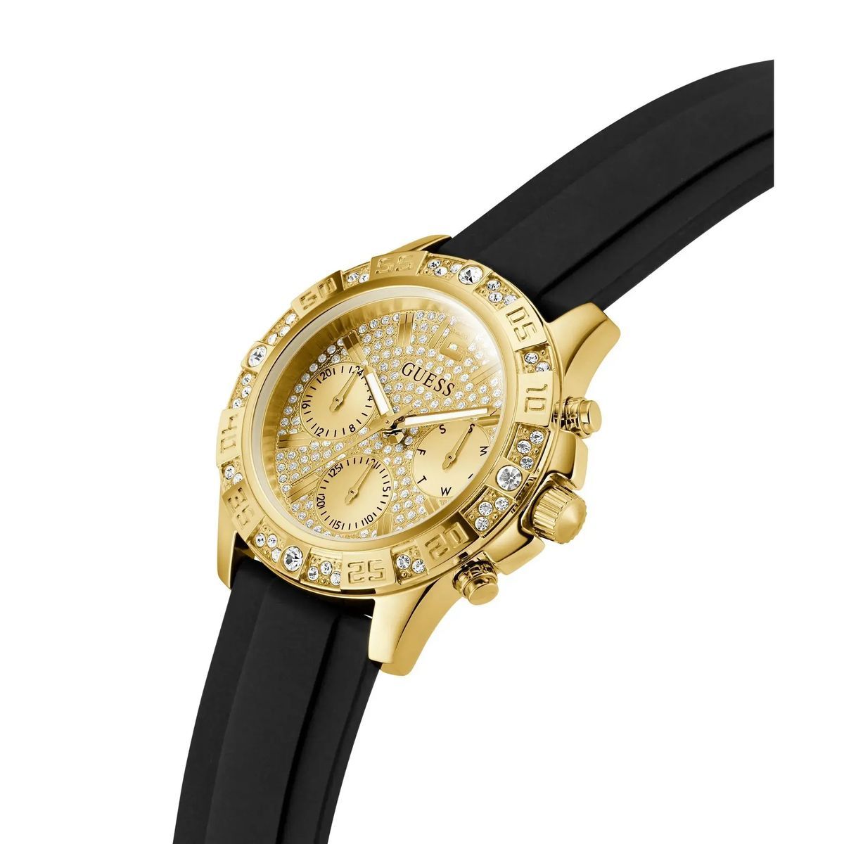 Funkelnde goldene Chronographenuhr mit schwarzem Armband