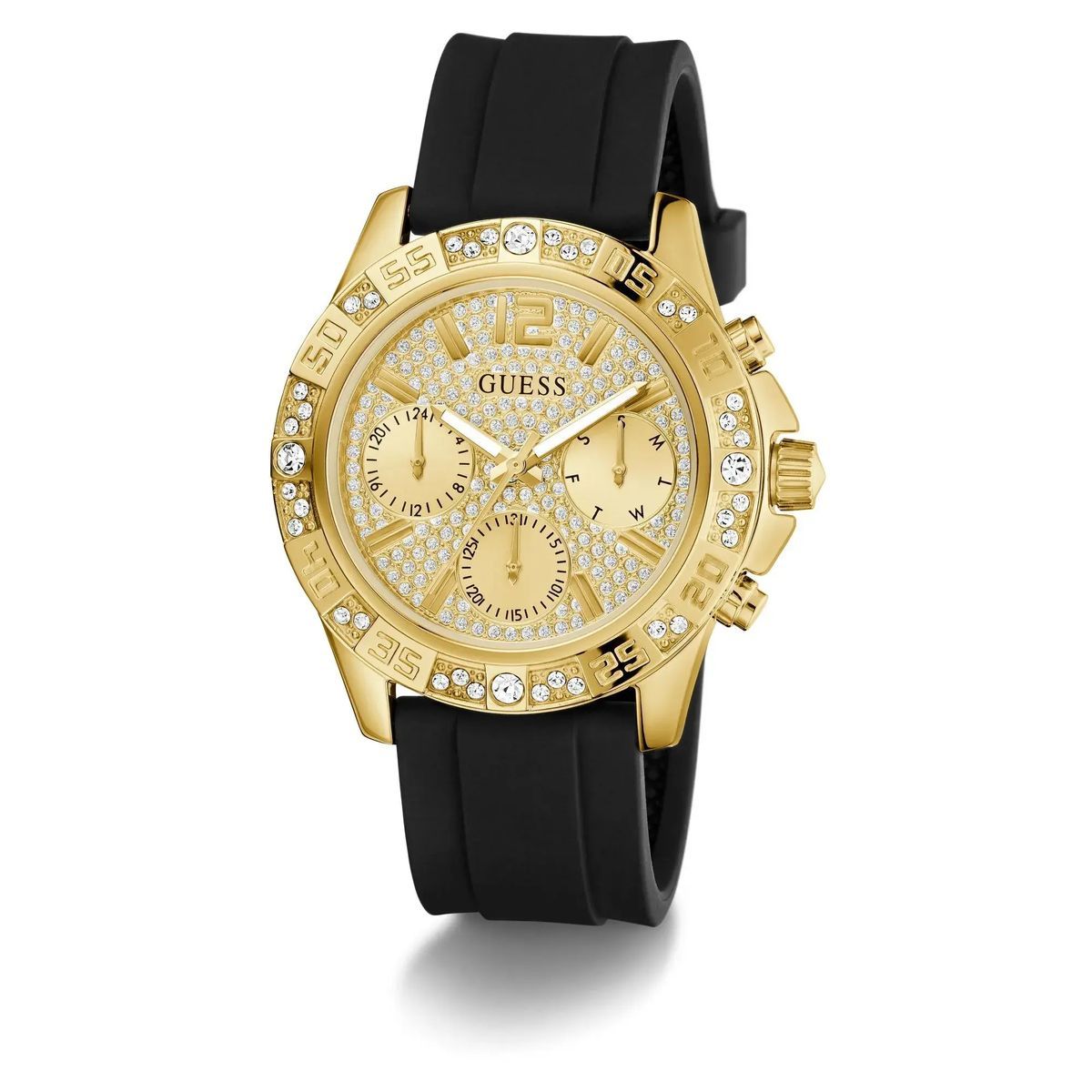 Funkelnde goldene Chronographenuhr mit schwarzem Armband