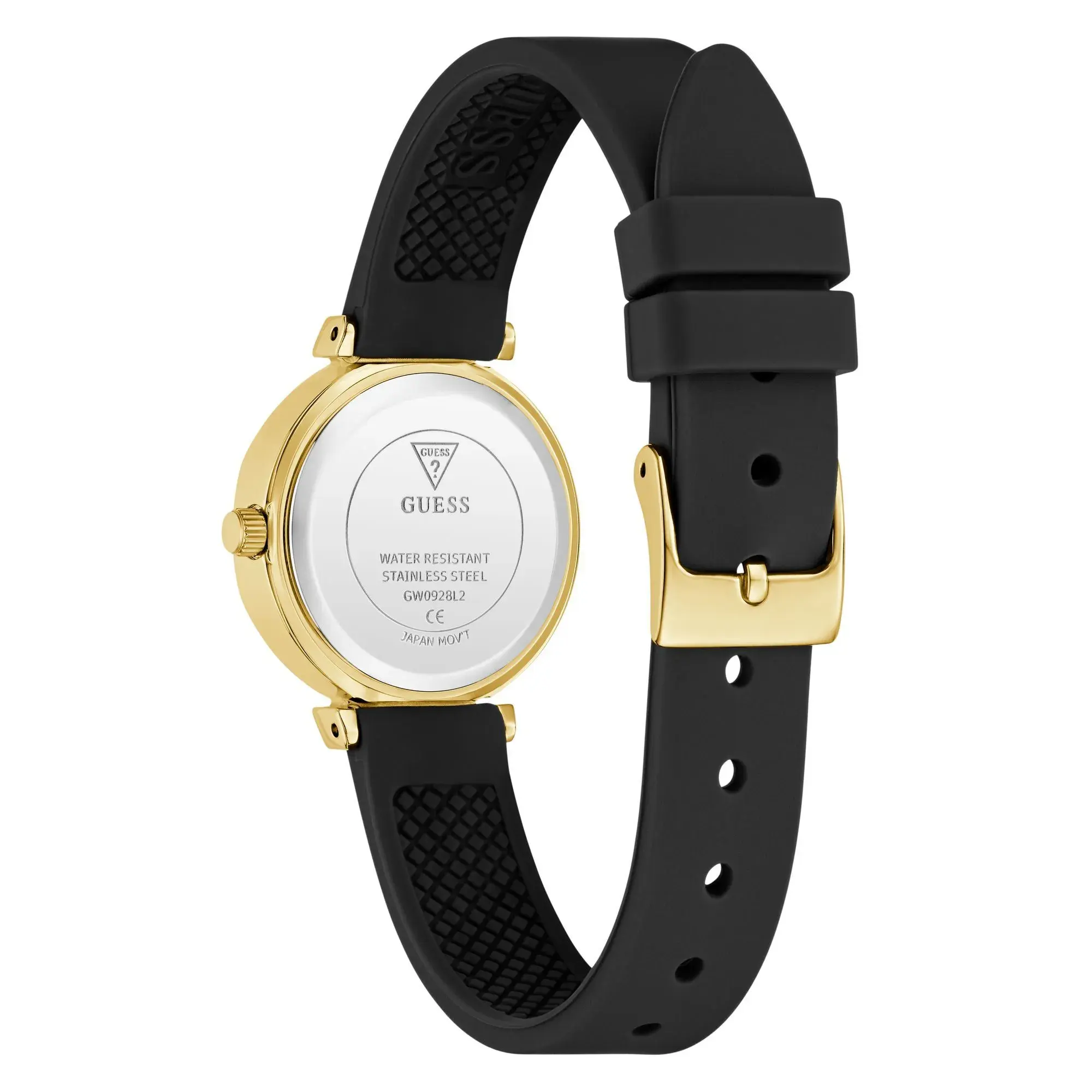 Runde goldfarbene Uhr mit schwarzem Armband