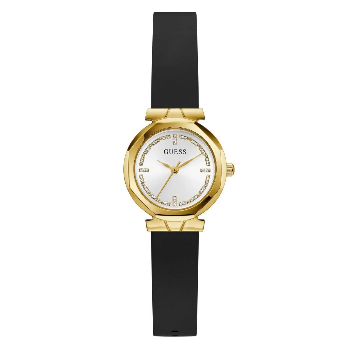 Runde goldfarbene Uhr mit schwarzem Armband