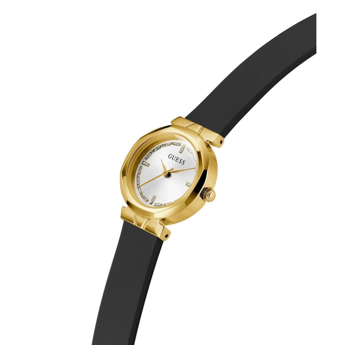 Runde goldfarbene Uhr mit schwarzem Armband