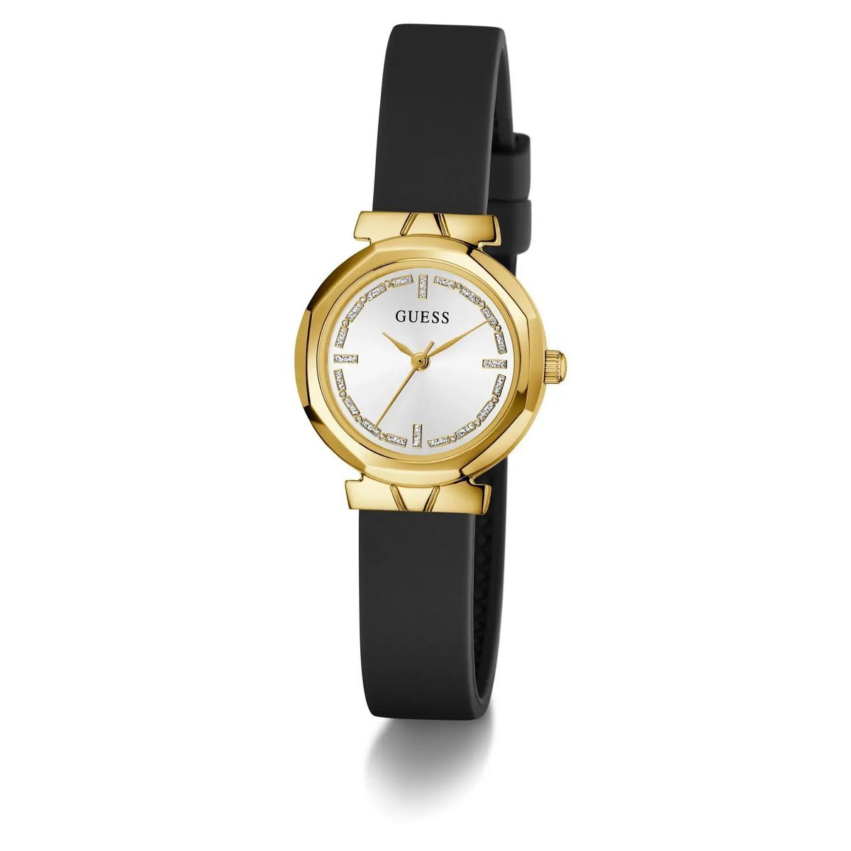 Runde goldfarbene Uhr mit schwarzem Armband