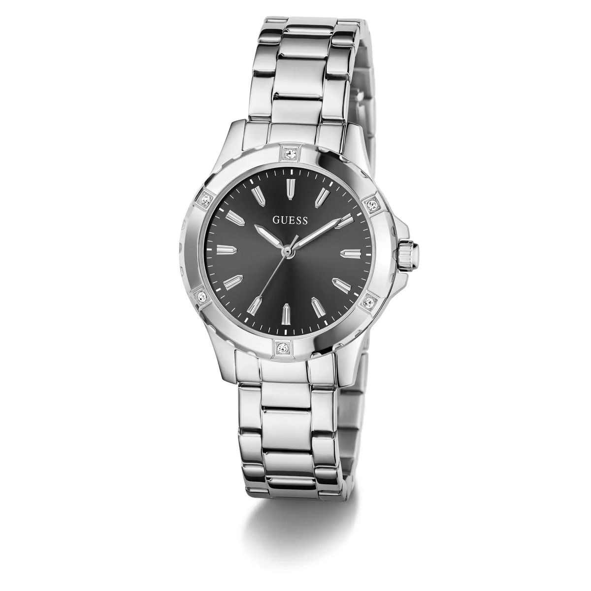 Elegante silberfarbene Damenuhr mit Kristallen