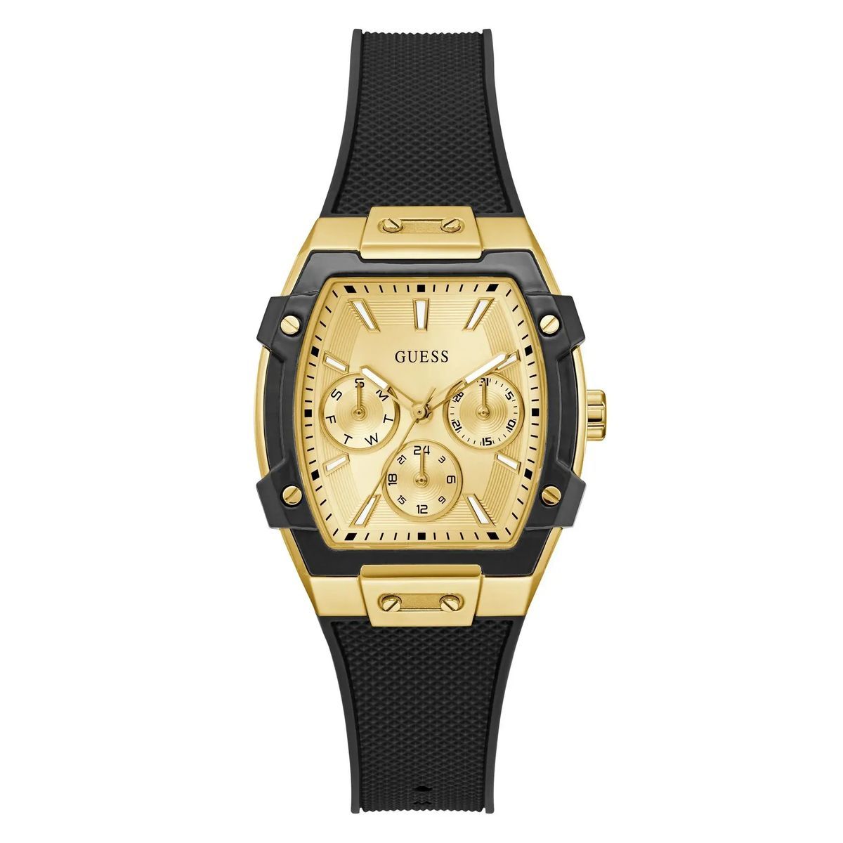 Goldfarbene Uhr mit schwarzem Armband