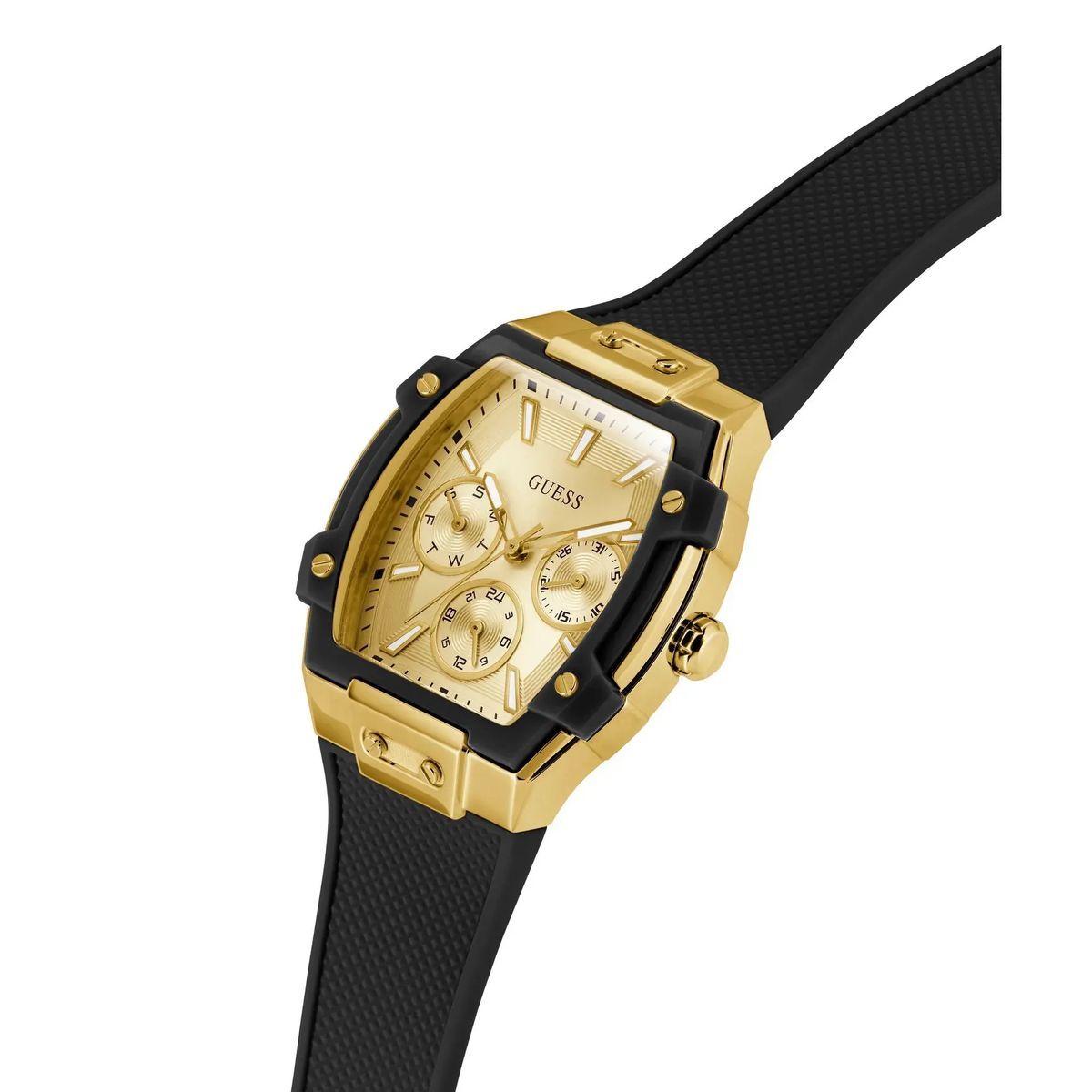 Goldfarbene Uhr mit schwarzem Armband
