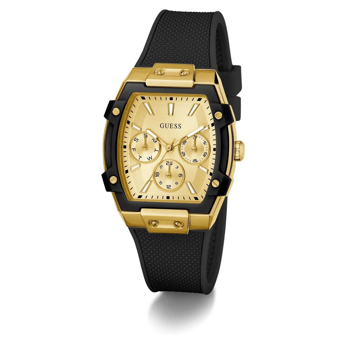 Goldfarbene Uhr mit schwarzem Armband