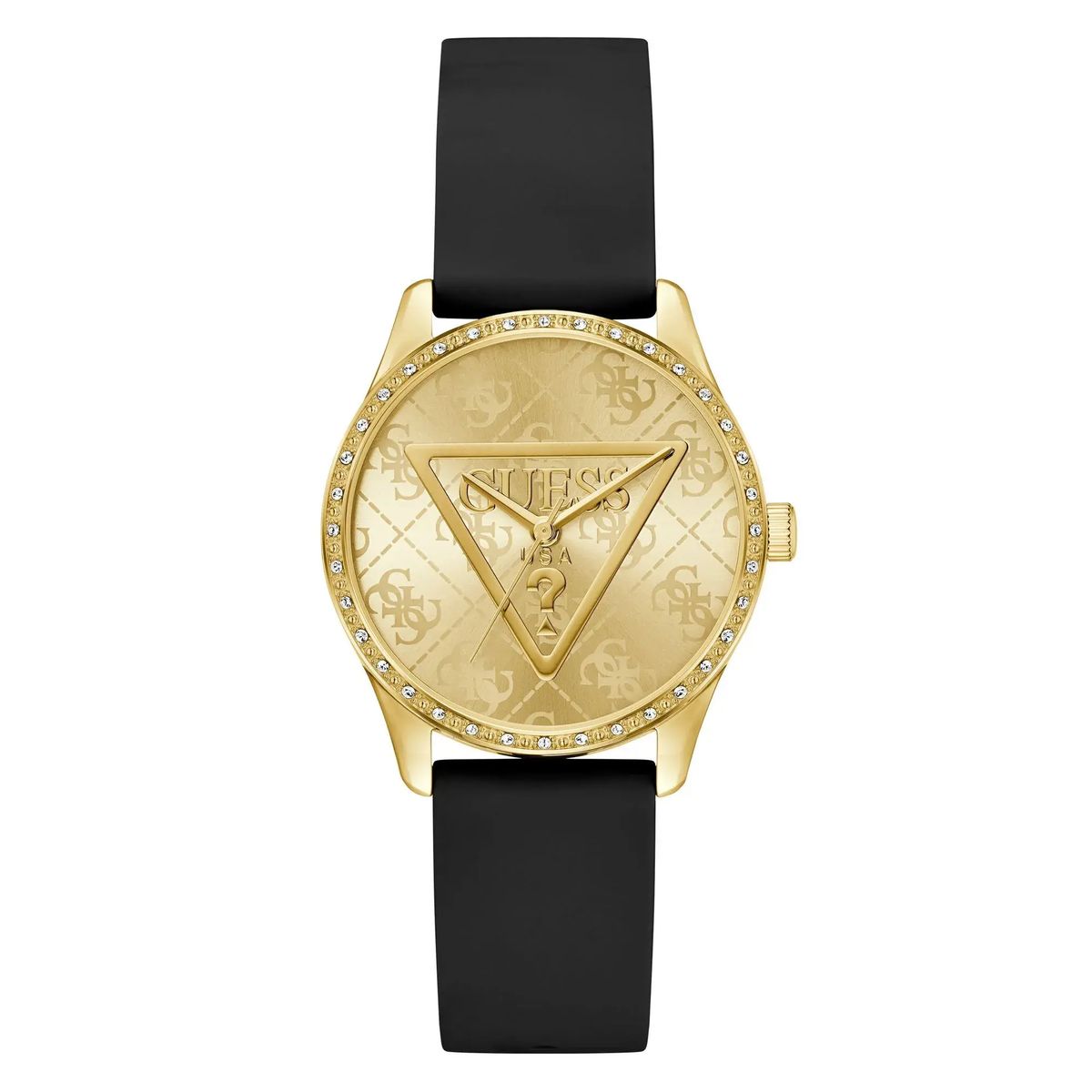 Goldfarbene Uhr mit schwarzem Armband
