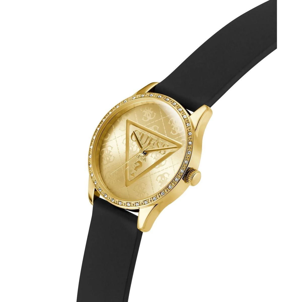Goldfarbene Uhr mit schwarzem Armband