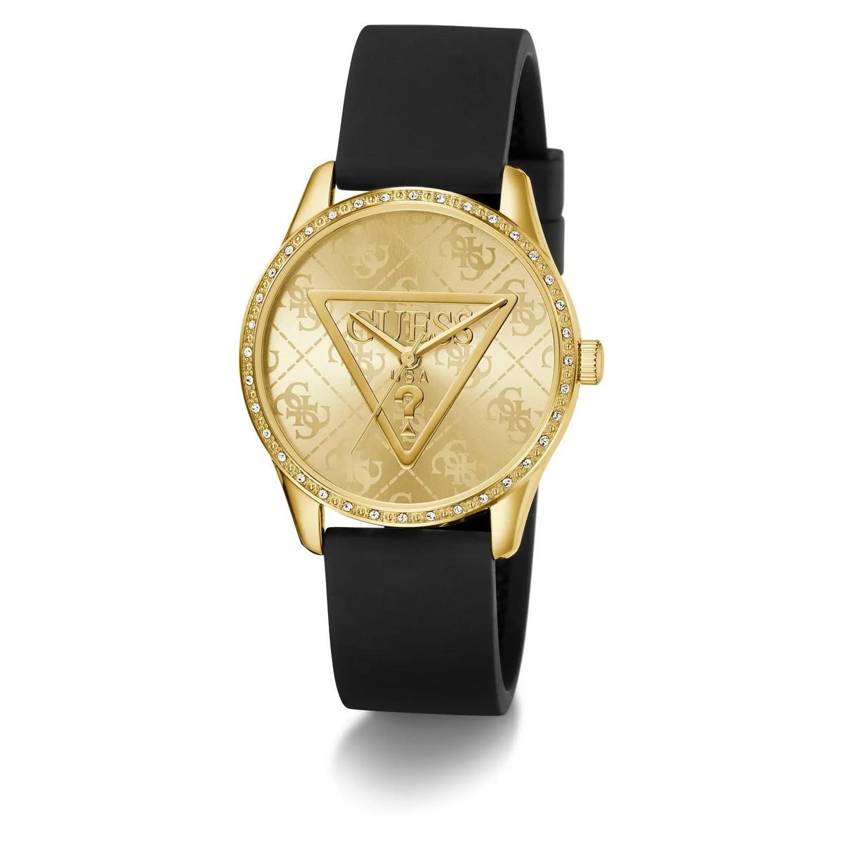 Goldfarbene Uhr mit schwarzem Armband