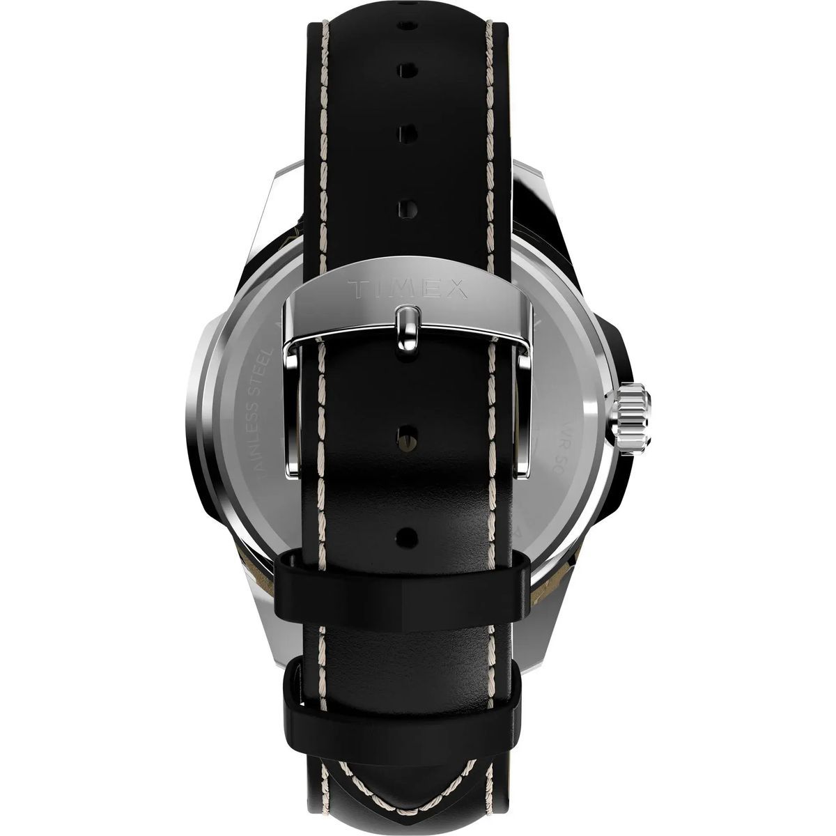 Moderne silberfarbene Uhr mit schwarzem Band