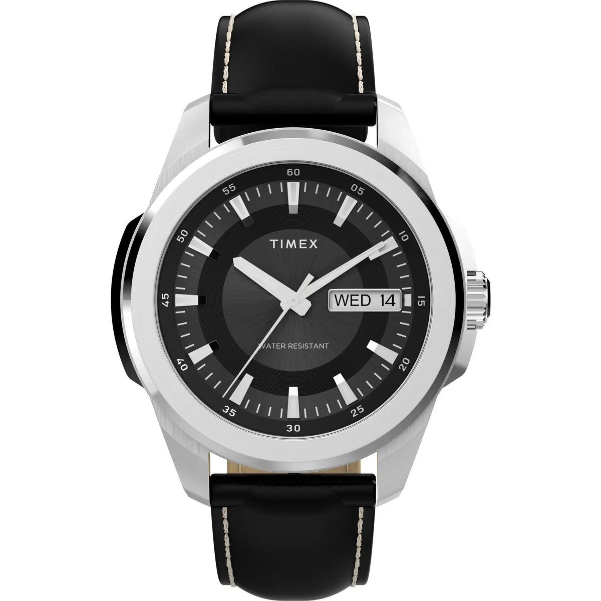 Moderne silberfarbene Uhr mit schwarzem Band