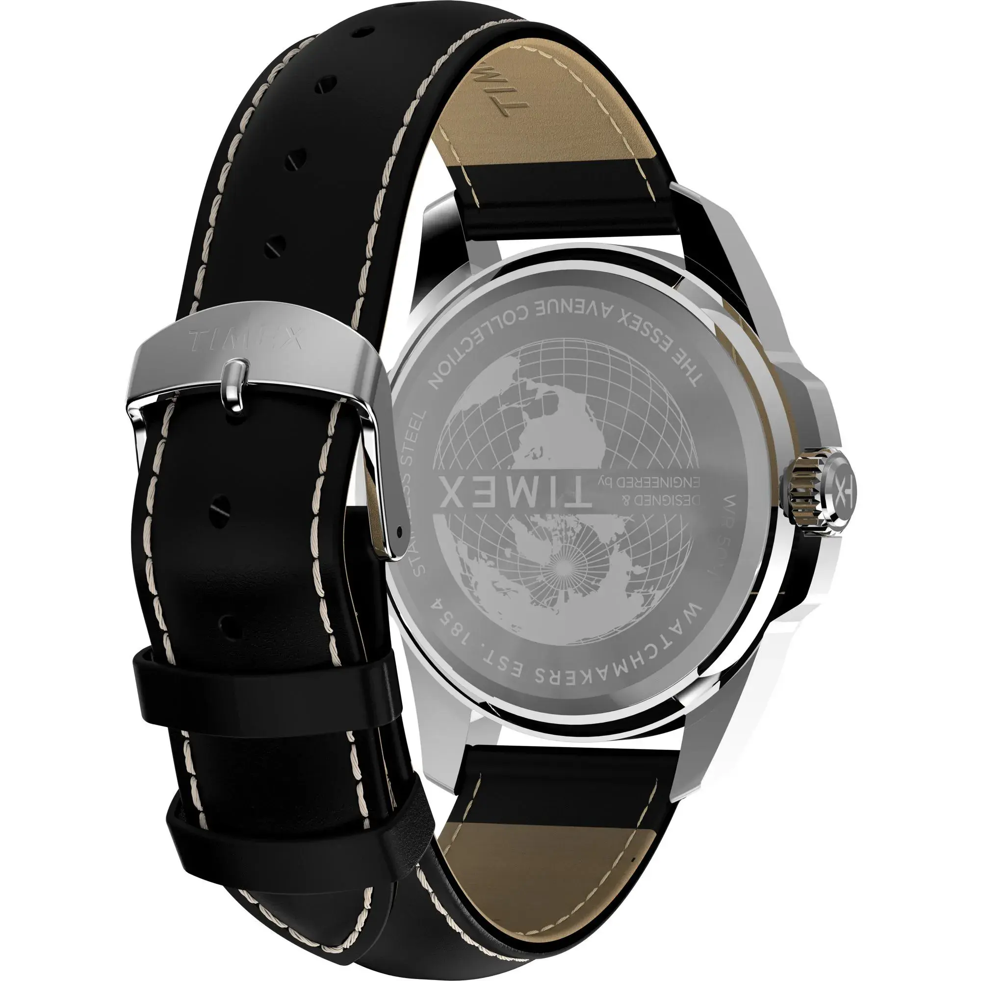 Moderne silberfarbene Uhr mit schwarzem Band