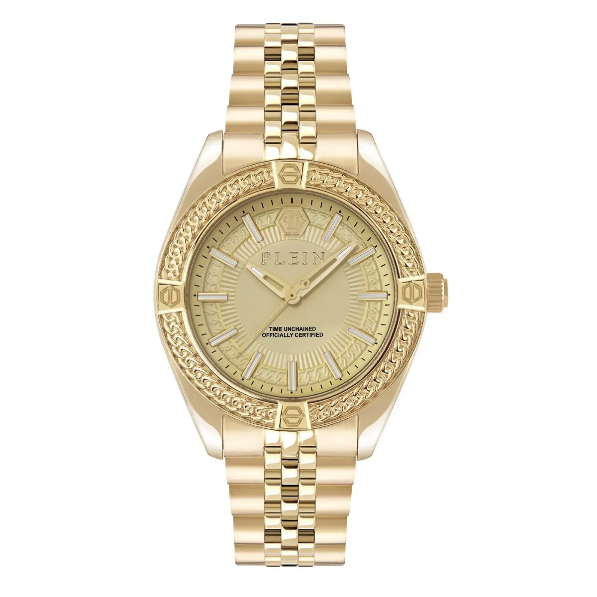 Goldfarbene Armbanduhr mit Kettenakzent