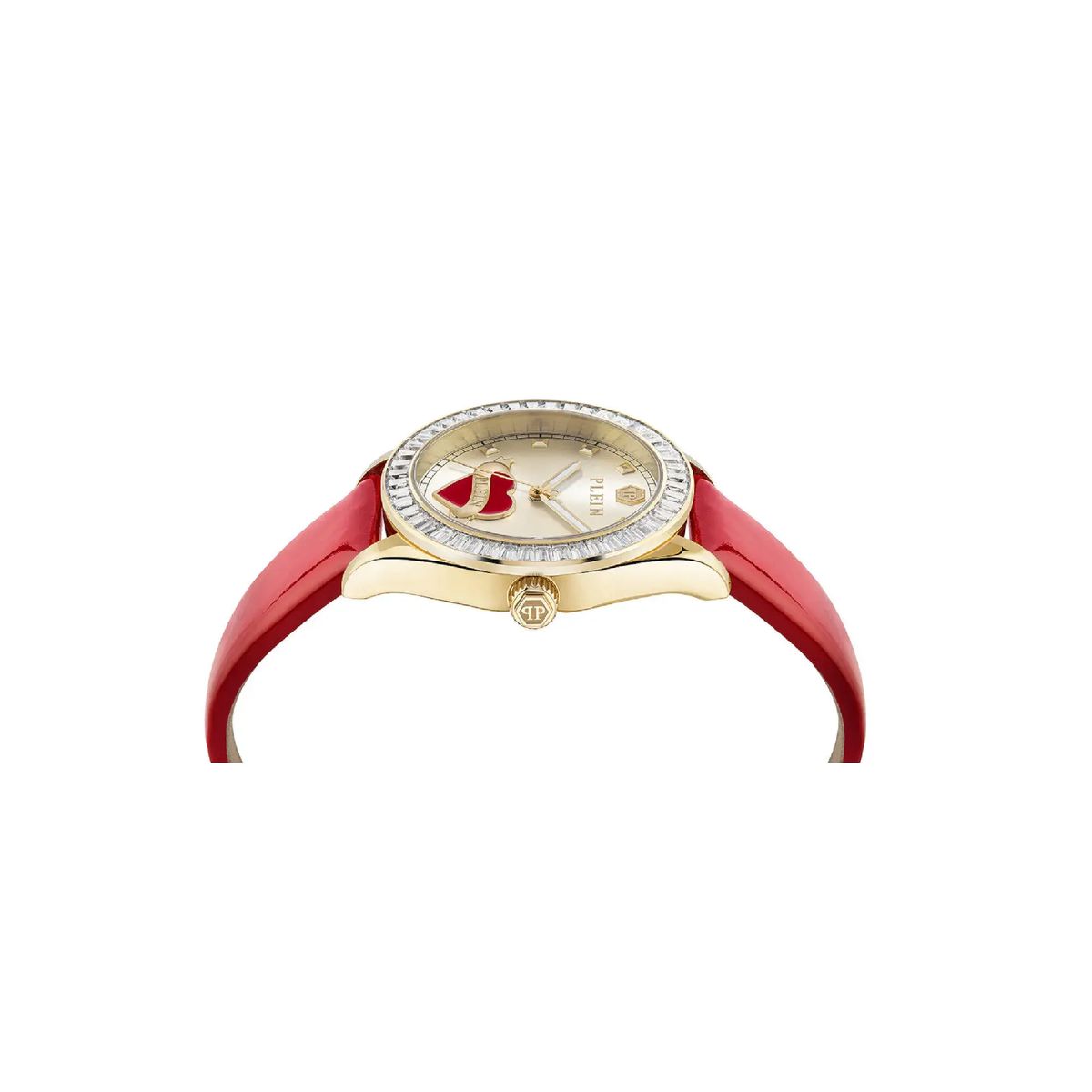 Goldfarbene Uhr mit rotem Lederarmband