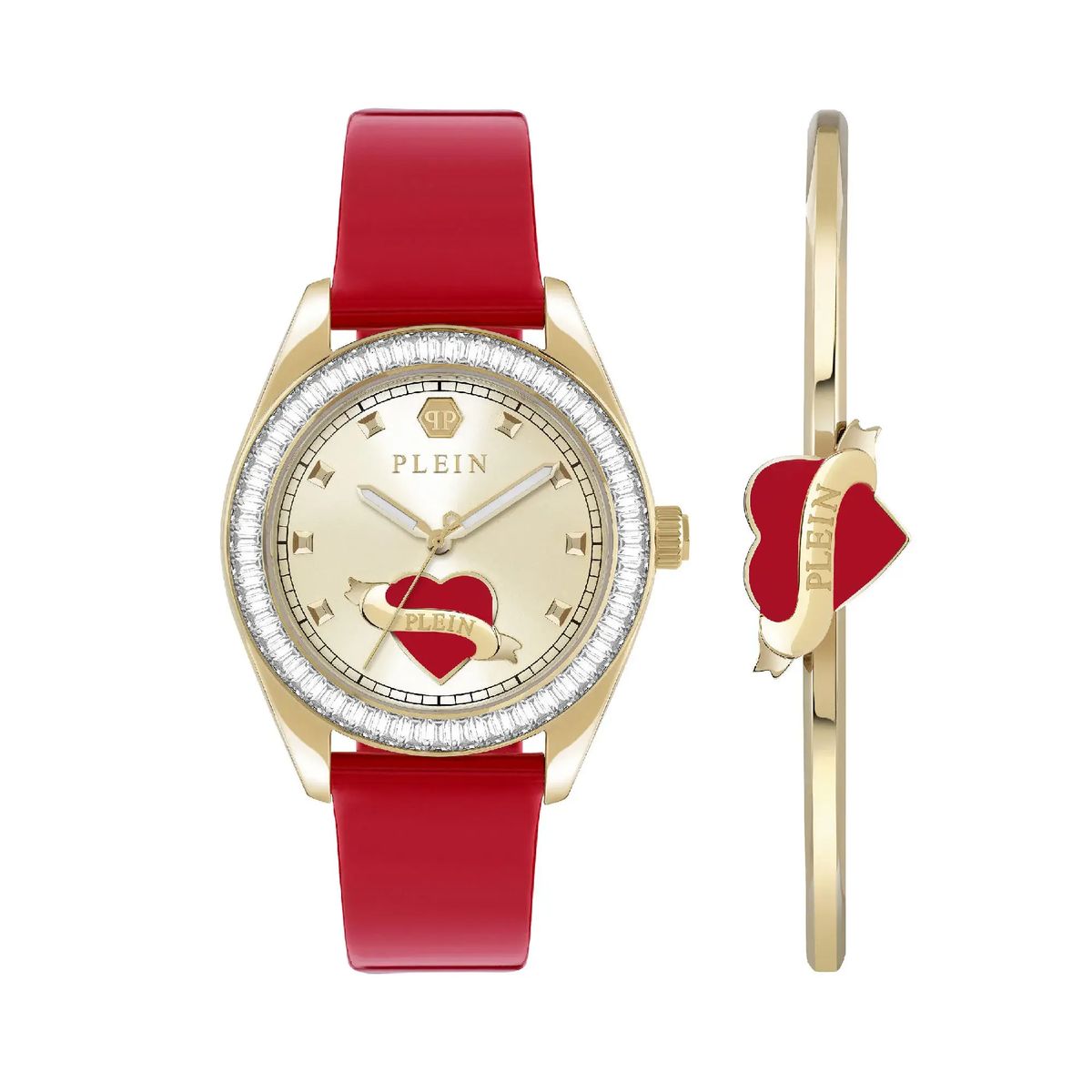 Goldfarbene Uhr mit rotem Lederarmband
