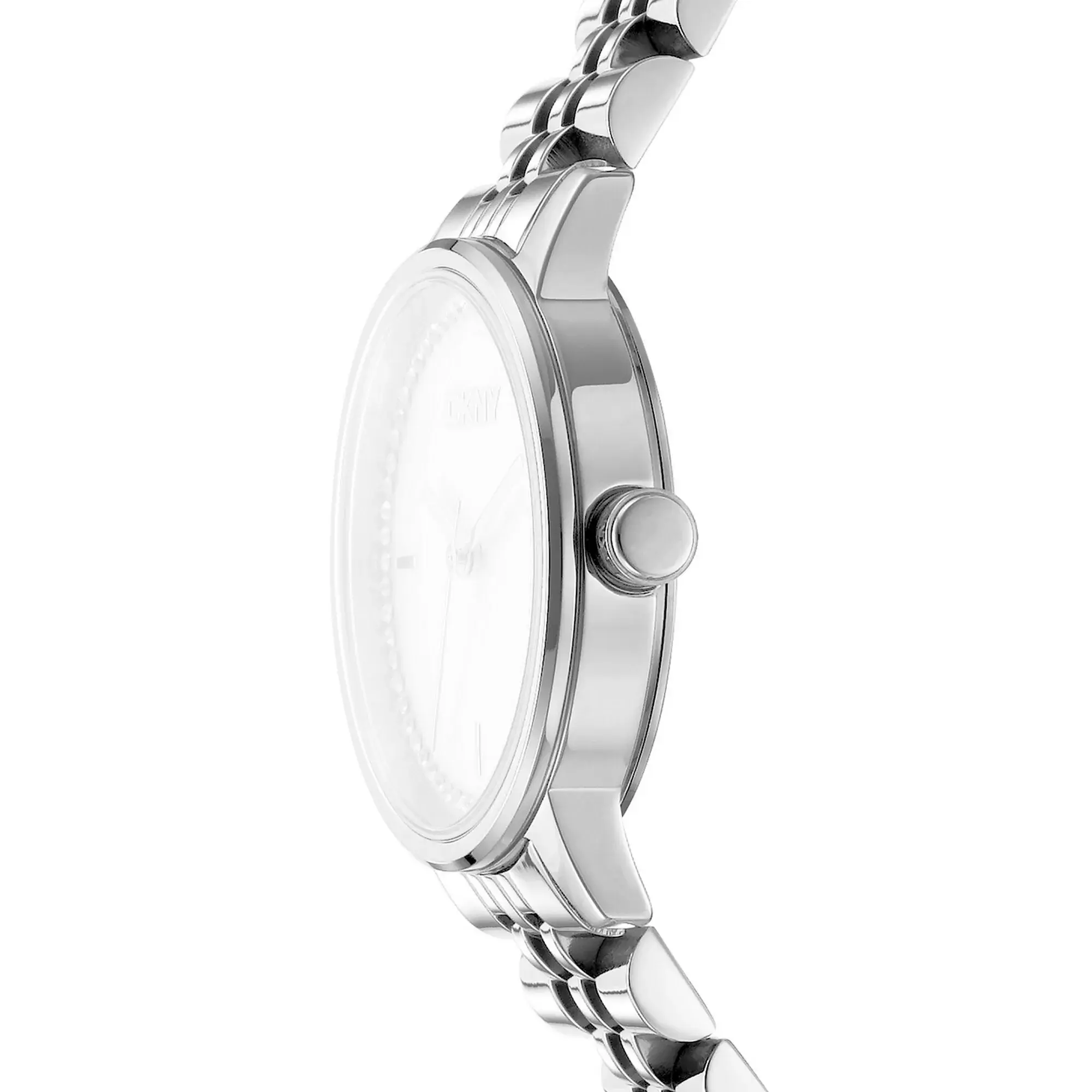 Silberfarbene Armbanduhr mit Kristalllünette
