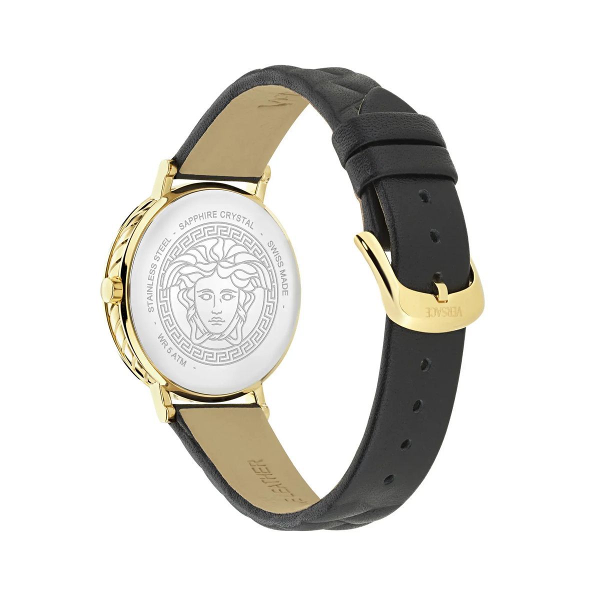 Goldfarbene Uhr mit schwarzem Lederarmband