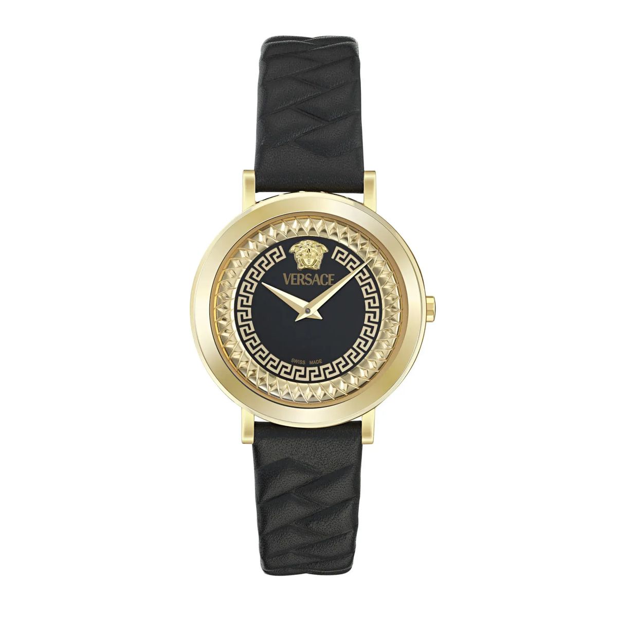Goldfarbene Uhr mit schwarzem Lederarmband