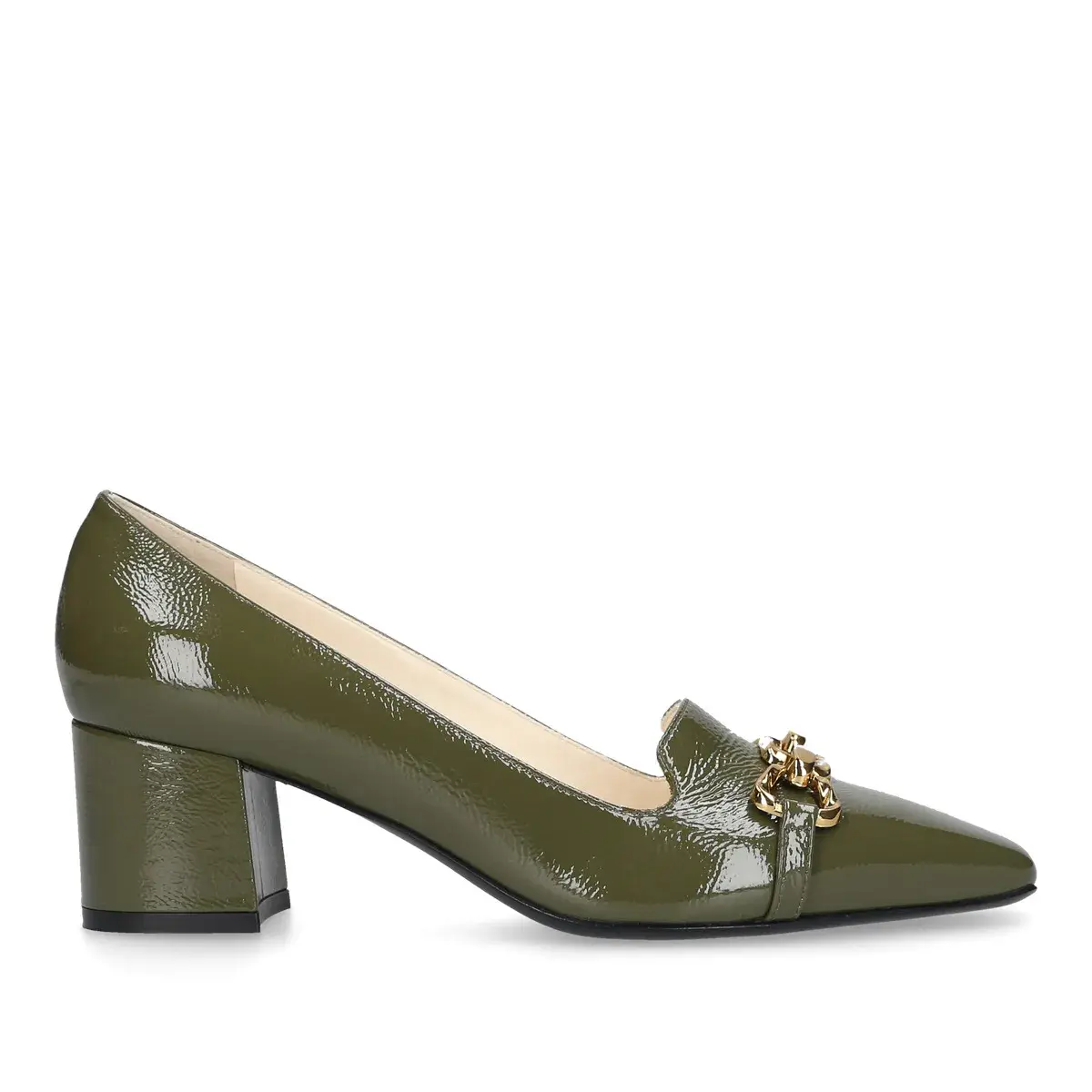Olivegrüne Pumps aus Lackleder