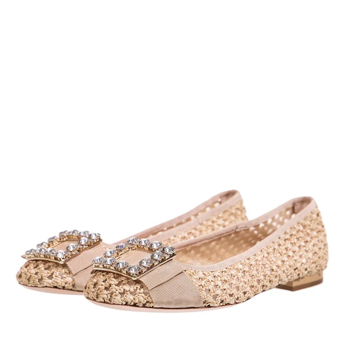 Beige Ballerinas mit Raffia und Strass