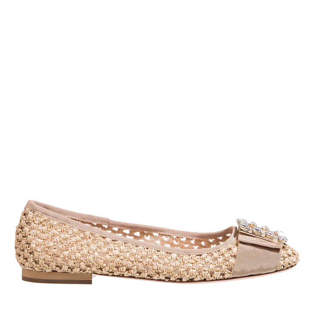 Beige Ballerinas mit Raffia und Strass