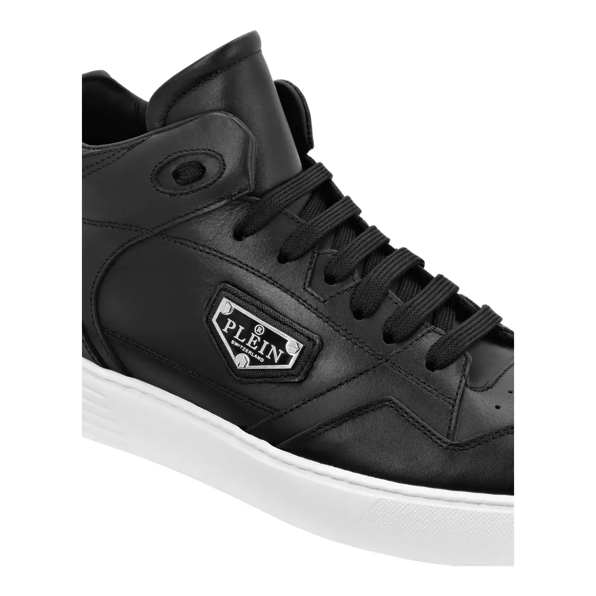 Schwarze Leder-Mid-Top-Sneakers