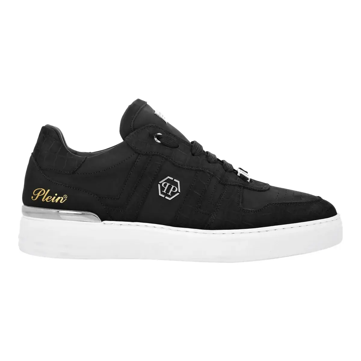 Schwarze Low-Top-Sneakers aus geprägtem Leder