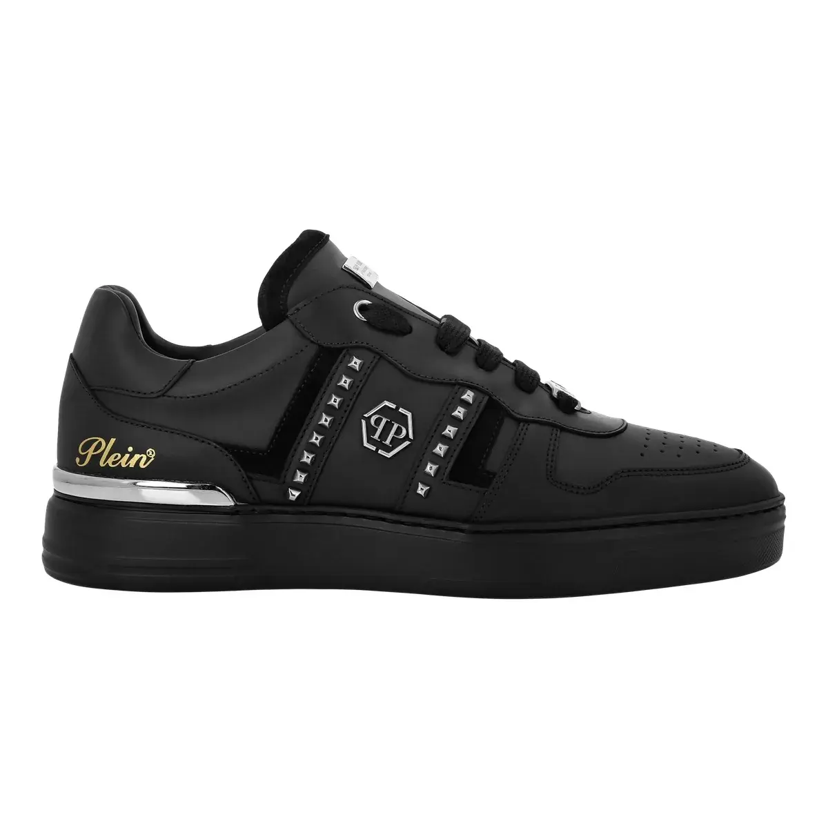 Schwarzer Leder Low-Top Sneaker mit Nieten