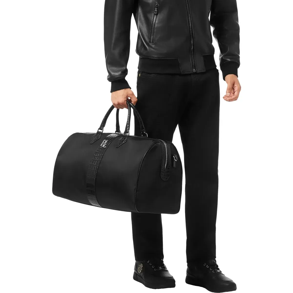 Schwarze Weekender-Reisetasche mit Krokoprägung