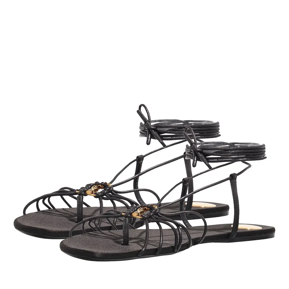 Schwarze flache Riemchensandalen zum Wickeln