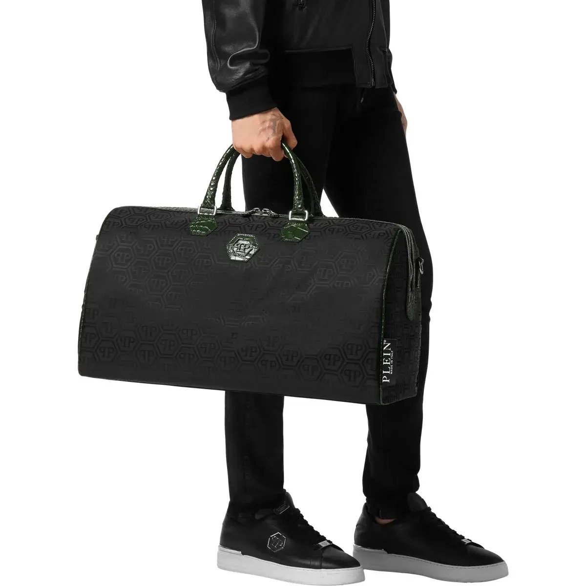 Weekender-Tasche mit Monogramm und Lederbesatz