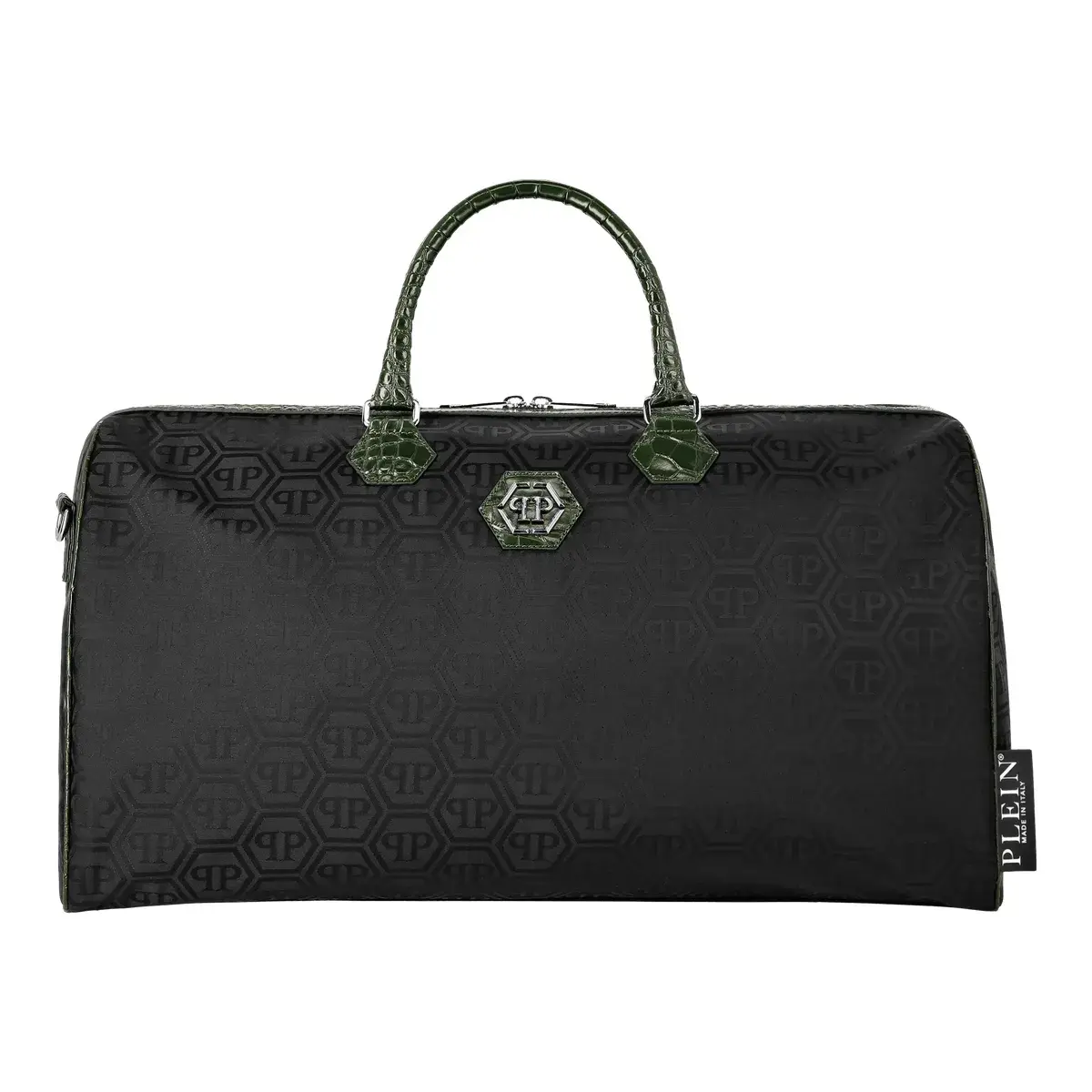 Weekender-Tasche mit Monogramm und Lederbesatz