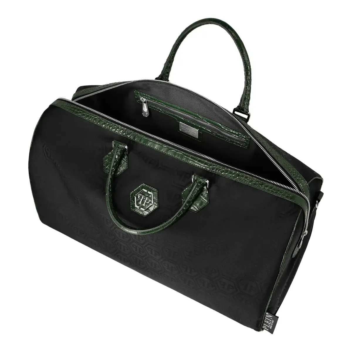 Weekender-Tasche mit Monogramm und Lederbesatz