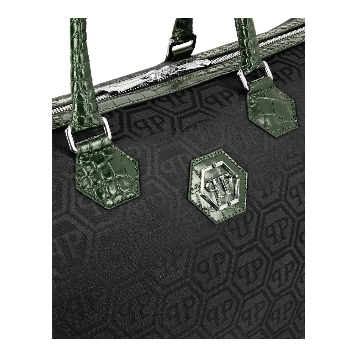 Weekender-Tasche mit Monogramm und Lederbesatz
