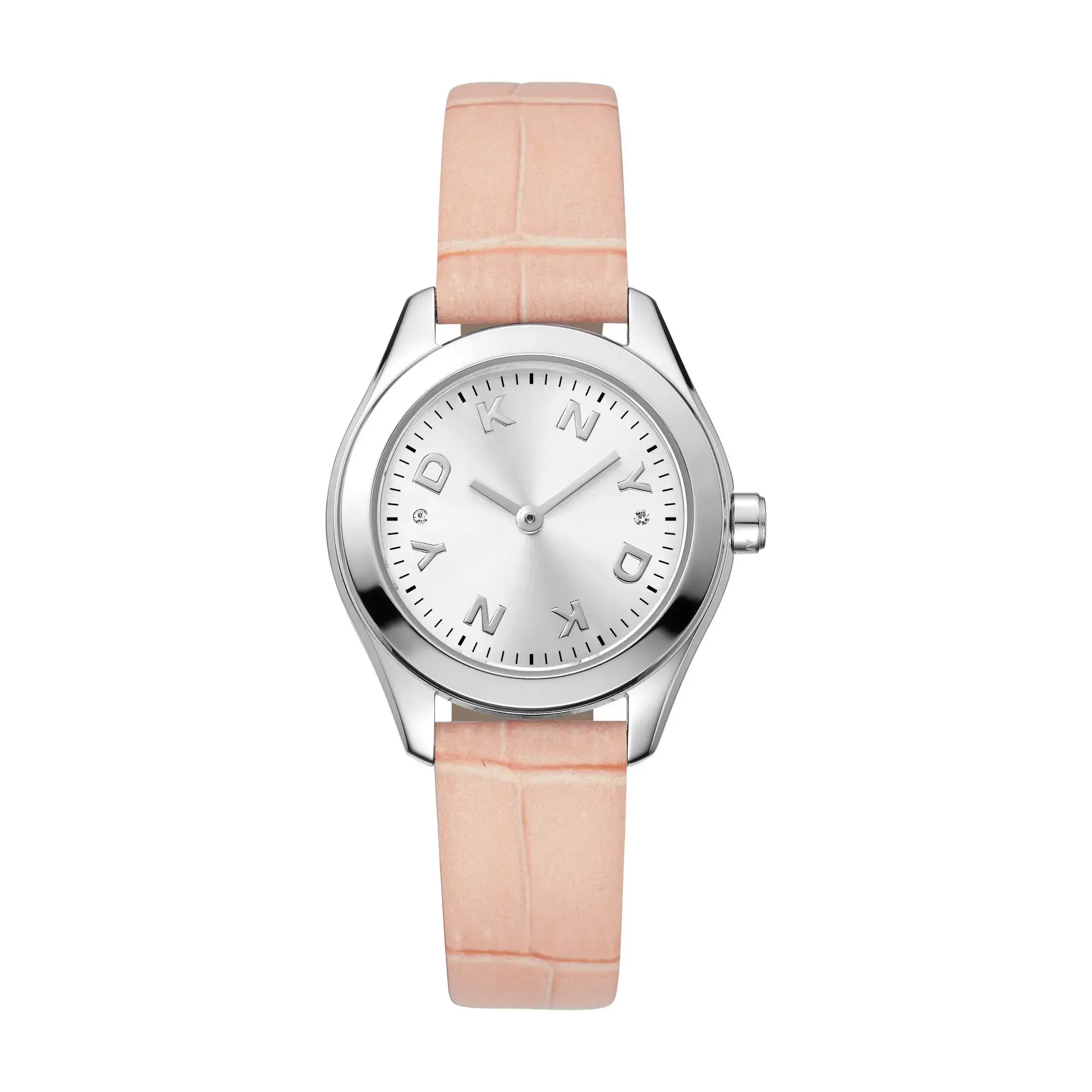 Silberfarbene Uhr mit rosa Lederarmband
