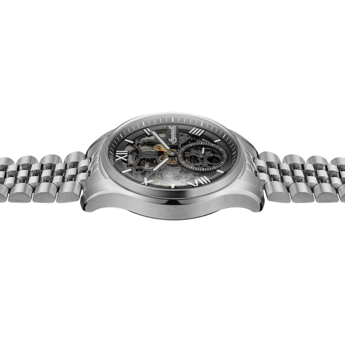 Silberne Automatikuhr mit skelettiertem Zifferblatt